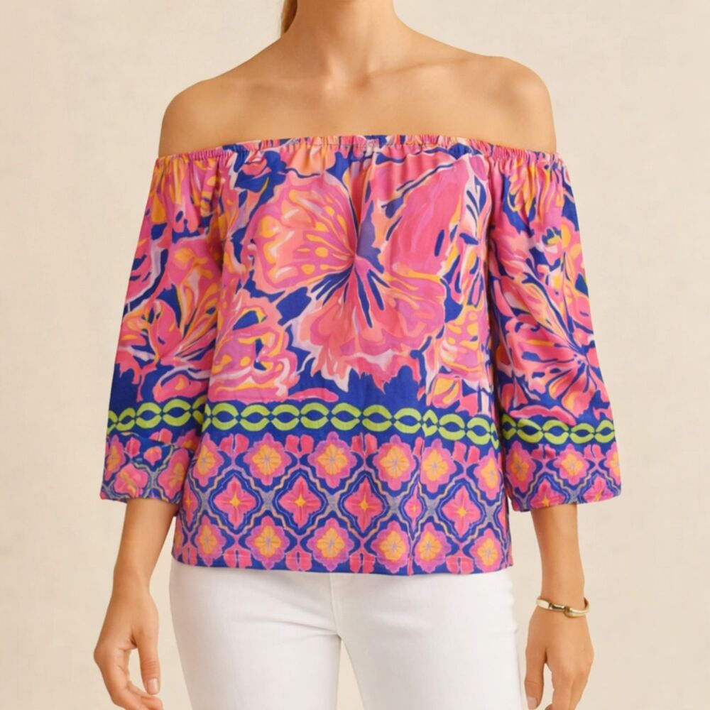 Lilly Pulitzer Sanilla Silk Printed Off-the-Shoulder Blouse Size Small